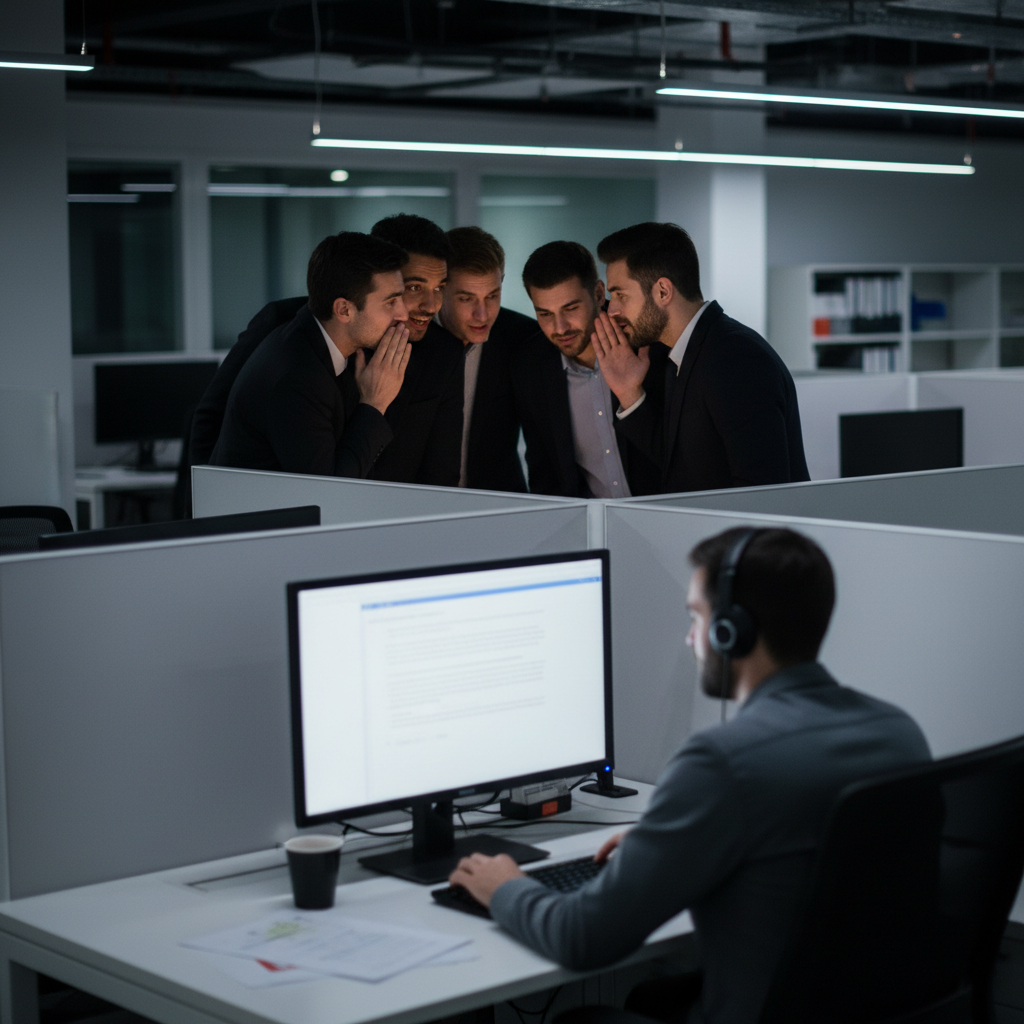 A group of coworkers huddling and scheming while an innocent employee works diligently at their desk